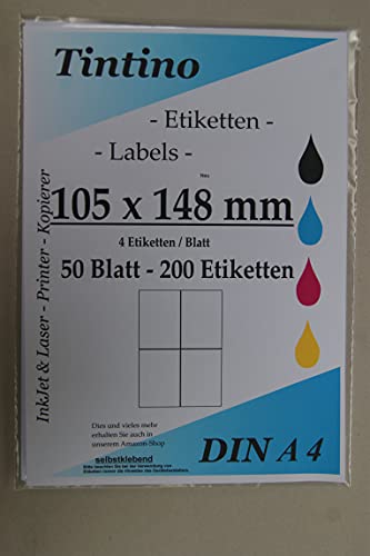 Etiketten 105 x 148 - 4 Stueck auf A4 - 50 Blatt DIN A4 selbstklebende Etiketten DHL Post 3483 6120 4476 c105148 von Tintino