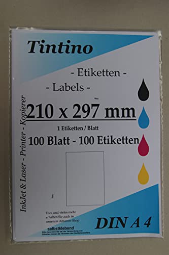 Etiketten 210 x 297 - 1 Stueck auf A4 - 100 Blatt DIN A4 selbstklebende Etiketten 3478 6119 4428 c210297 von Tintino