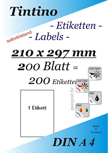 Etiketten 210 x 297-1 Stueck auf A4-200 Blatt DIN A4 selbstklebende Etiketten 3478 6119 4428 c210297 von Tintino