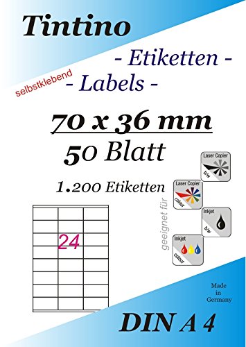 Etiketten 70 x 36-24 Stueck auf A4-50 Blatt DIN A4 selbstklebende Etiketten Internetmarke DHL Post 3475 3490 von Tintino