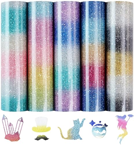 Tintnut Farbverlaufs-Glitzer-HTV-Vinyl zum Aufbügeln, 30,5 x 25,4 cm, Regenbogen-Ombré-Glitzer, Wärmetransfer-Vinyl, DIY-T-Shirts, Mützen, Kleidung, HTV-Vinylbögen, kompatibel mit Cricut oder von Tintnut