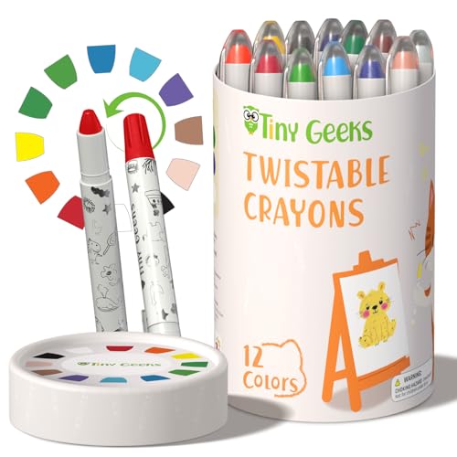 TinyGeeks 12 Drehbare Wachsmalstifte - Ungiftig für Kleinkinder 1-3 Jahre - Auswaschbare Wachsmalstifte für Kinder im Alter von 4-8 Jahren - Einfach zu Halten - Entfessle bunten Spaß von TinyGeeks