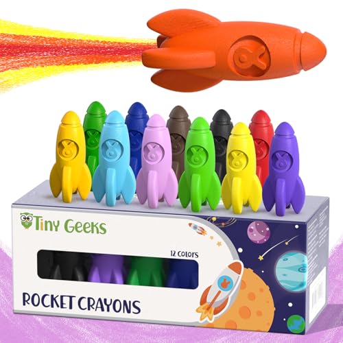 TinyGeeks 12 Wachsmalstifte ab 3 Jahre - Malstifte ab 3 jahre - Malen kinder ab 3-8 - Stifte Kleinkind - Wachsmalstifte ab 3 jahre - Raketenmalstift von TinyGeeks