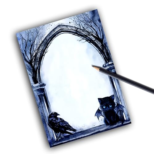 TinyTami Gothic Creatures Notizblock, 15 x 21 cm, A5, Katzen mit Fledermausflügeln, Krähe, Briefpapier 50 Blatt von TinyTami