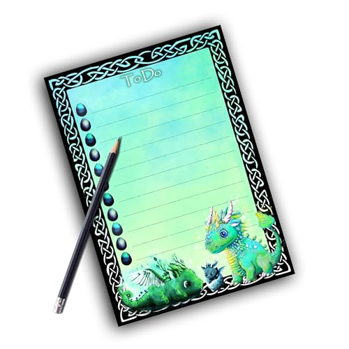 TinyTami Grüne Drachen To-Do Notizblock, 10 x 21 cm, A6, Fantasy Organizer 50 Blatt von TinyTami