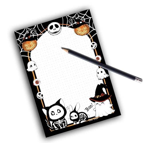TinyTami Halloween Notizblock, 15 x 21 cm, A5, Gothic, Katzen, Kürbis, Skelett und Geister, gepunktet, 50 Blatt von TinyTami