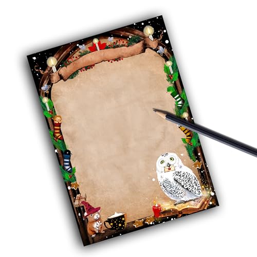 TinyTami Zauberhafter Weihnachts Notizblock, 15 x 21 cm, Hexen, Hedwig, weisse Eule, A5, blanko, 50 Blatt von TinyTami
