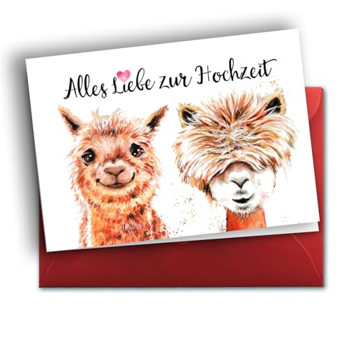 Witzige Hochzeitskarte Alpakas Glückwunsch zur Vermählung und Hochzeit Klappkarte mit rotem Umschlag von TinyTami