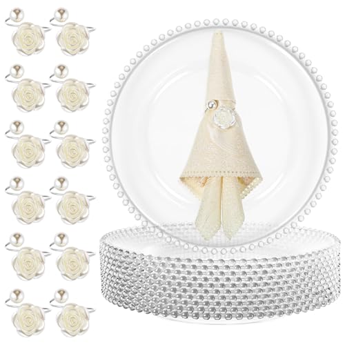 Tioncy 12 transparente Platzteller mit Serviettenringen, 33 cm große runde Kunststoffteller für Abendessen, Hochzeit, Party und Veranstaltung, Tischdekoration (Silber) von Tioncy