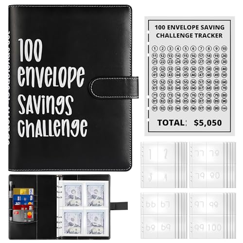 100 Geldsparbinder Herausforderung, Sparheft für Geld 100 Envelope Challenge A5 Binderumschlag für Bargeldfüllung, Sparbuch mit 25 Budgetkarten um 5050€ zu Sparen- Weihnachtsgeschenke für Kinder von TiooDre
