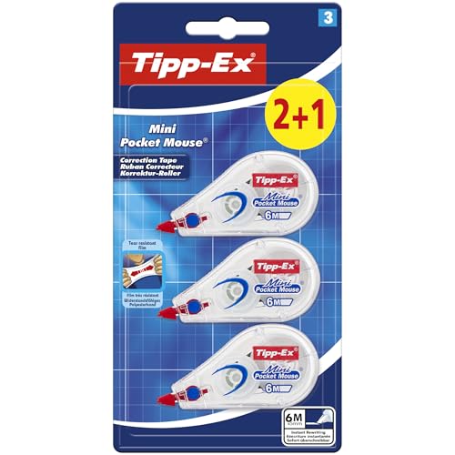 Tipp-Ex Korrekturroller Mini Pocket Mouse, 6m x 5mm, Ideal für das Büro, das Home Office oder die Schule, 2 +1 Stück (1er Pack) von Tipp-Ex