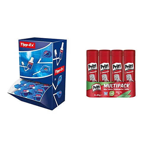 Tipp-Ex Korrekturroller Easy Correct zum seitlichen Korrigieren, 12m x 4.2mm, 20er Pack & Pritt Klebestift, sicherer und kinderfreundlicher Kleber für Kunst und Bastelarbeiten, 4x43g Pritt Stift von Tipp-Ex