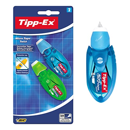 Tipp-Ex Korrekturroller Micro Tape Twist mit drehbarer Schutzkappe 2 Korrekturmäusen pro 1 Blister, Blau/Grün oder Rot/Lila, 8 m x 5 mm von Tipp-Ex