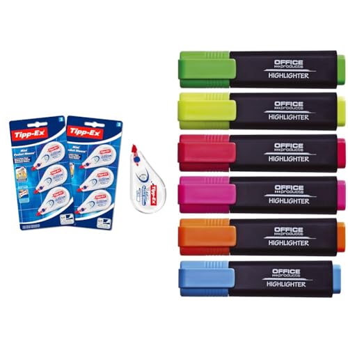 Tipp-Ex Korrekturroller Mini Pocket Mouse, 6 m x 5 mm, 2er Pack (2 x 3 Stk) & OFFICER PRODUCTS PRODUCTS Textmarker Leuchtend/ 6er Pack/Strichstärke 1-5mm von Tipp-Ex