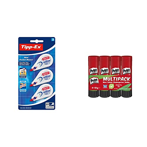 Tipp-Ex Korrekturroller Mini Pocket Mouse, 6m x 5mm, 3er Pack & Pritt Klebestift, sicherer und kinderfreundlicher Kleber für Kunst und Bastelarbeiten, starker Klebstoff für Schule & Bürobedarf, 4x22g Tipp-Ex Korrekturroller Mini Pocket Mouse, 6m x 5mm, 3er Pack & Pritt Klebestift, sicherer und kinderfreundlicher Kleber für Kunst und Bastelarbeiten, starker Klebstoff für Schule & Bürobedarf, 4x22g von Tipp-Ex