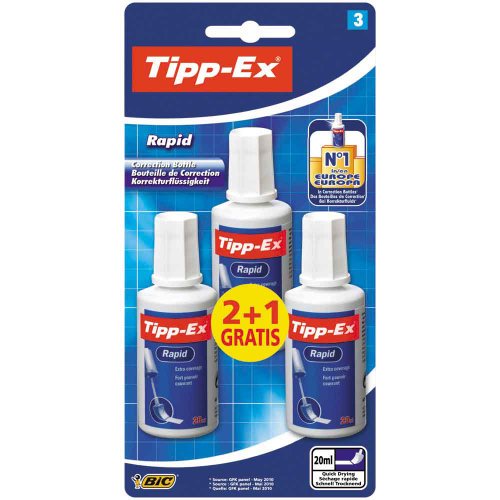 Tipp-Ex Rapid, Korrekturflüssigkeit, hochwertige Korrekturflüssigkeit, hervorragende Deckkraft, 20 ml, 3 Stück, Weiß von TIPP-EX