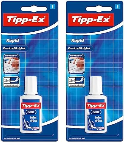 Tipp-Ex Rapid Korrekturfluid Blister à 1x25ml mit Auftragsschwämmchen für präzise Korrekturen, schnelltrocknende Korrektur Flüssigkeit (Packung mit 2) von Tipp-Ex