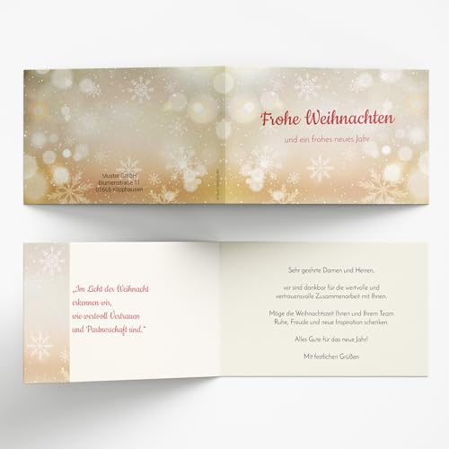 Geschäftliche Weihnachtskarte – Personalisierbare Klappkarte goldfarbige Schneeflocken für Firmen mit Logo & Text – 10 bis100 Stück – Hochwertiger Druck – optional Umschläge, Motiv Sternenglanz Geschäftliche Weihnachtskarte – Personalisierbare Klappkarte goldfarbige Schneeflocken für Firmen mit Logo & Text – 10 bis100 Stück – Hochwertiger Druck – optional Umschläge, Motiv Sternenglanz von Tischkarten-Shop