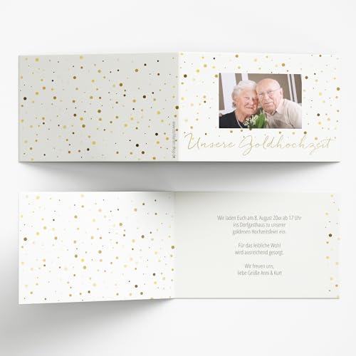 Personalisierte Einladung goldene Hochzeit, Einladungskarte Goldhochzeit, 10-100 Stück, mit eigenem und Text und Foto, Klappkarte 10x15 cm, 300 g/m² Papier, mit Briefumschlägen, Motiv Goldpunkte Personalisierte Einladung goldene Hochzeit, Einladungskarte Goldhochzeit, 10-100 Stück, mit eigenem und Text und Foto, Klappkarte 10x15 cm, 300 g/m² Papier, mit Briefumschlägen, Motiv Goldpunkte von Tischkarten-Shop