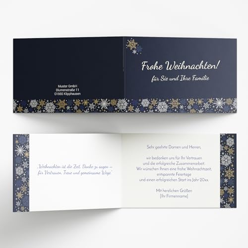 Weihnachtskarte „Sternweihnacht“ – Personalisierbare Klappkarte Dunkelblau mit Schneeflocken in Gold- & Silberoptik – Firmen Weihnachtsgruß mit Logo & Text – 10 bis 100 Stück – optional Umschläge Weihnachtskarte „Sternweihnacht“ – Personalisierbare Klappkarte Dunkelblau mit Schneeflocken in Gold- & Silberoptik – Firmen Weihnachtsgruß mit Logo & Text – 10 bis 100 Stück – optional Umschläge von Tischkarten-Shop