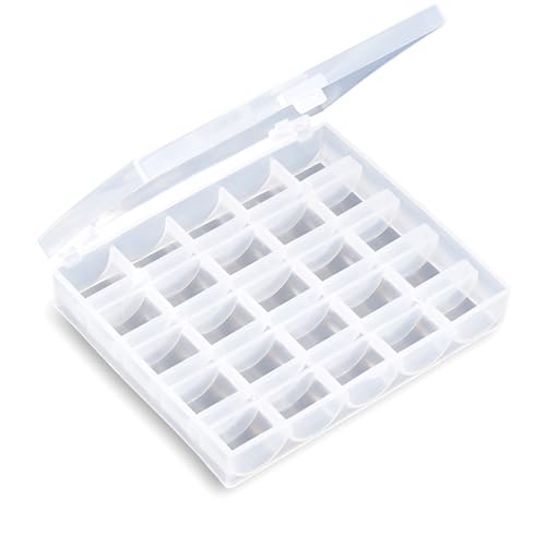 Tissting 25 Fächer Leere Spulen, Spulen Organizer aus Kunststoff, Nähmaschinen Spulenbox, Spulenbehälter, Aufbewahrungsbox, Transparente Box für 25 Spulen, Aufbewahrungsbehälter aus Kunststoff von Tissting