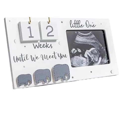Baby First Scan Bilderrahmen für Ultraschallbilder mit Countdown Kalender und wechselbarer Matte, Baby Ultraschallbilder Fotorahmen aus Holz, Elefanten Kinderzimmer Dekoration von Tissting