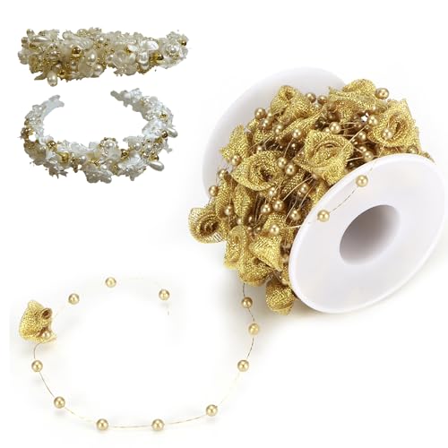 Tissting Perlengirlande 10m Kunstperlen Girlande Perlenkette Deko Gold Rosen Blumen Angelschnur Perlenband Geschenkband für Hochzeit, Party, Weihnachtsbaum, DIY Handwerk von Tissting