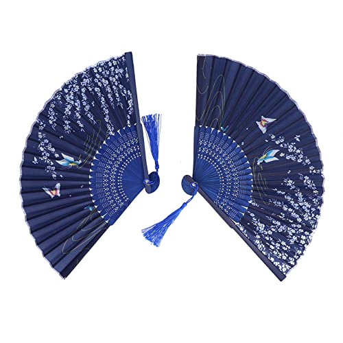 Tissting 2 Pcs Handfächer, Blauer Schmetterling Kirschblüten Chinesischer Stil Faltbarer Fächer handgehaltener Stoff Faltfächer mit Quaste Damen Handarbeit von Tissting