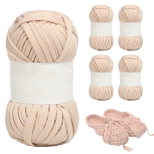Tissting 5 Stück Strickgarn T Shirt Garn Bändchengarn zum Häkeln für Körbe, 24m Baumwolle Stricken Textilgarn für Häkeltaschen Körbe Teppiche Heimdekoration und DIY Kunsthandwerk Beige von Tissting