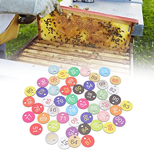 Tissting 50 Stück Nummernschilder, aufkleber zahlen Runde Bienenstock Markierungsetiketten aus Kunststoff mit Loch Schlüsselringen für Lmkerei Etiketten für Imkerei, Tierhaltung (50-100) von Tissting