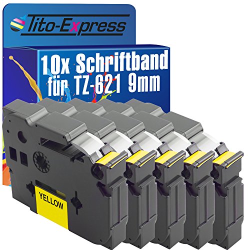 Tito-Express PlatinumSerie 10 Schriftband-Kassetten kompatibel mit Brother TZ-621 9mm Black/Yellow H500 Li H75 S P300 BT P700 P750 TFI PT-P900 NW W PT-P95 RL700 S von Tito-Express