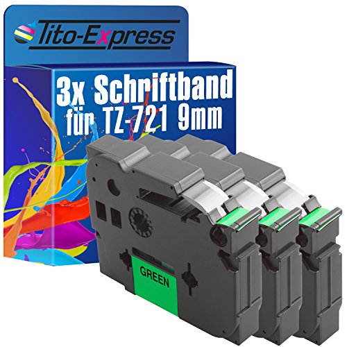 Tito-Express PlatinumSerie 3 Schriftband-Kassetten kompatibel mit Brother TZ-721 9mm Black/Green H500 Li H75 S P300 BT P700 P750 TFI PT-P900 NW W PT-P95 RL700 S von Tito-Express