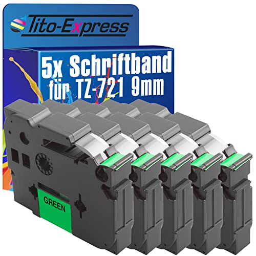 Tito-Express PlatinumSerie 5 Schriftband-Kassetten kompatibel mit Brother TZ-721 9mm Black/Green 1290 DT 1750 18R 1800 1830 1850 CC 1950 200 2030 210 2100 VP 220 2400 E 2420 2430 PC von Tito-Express