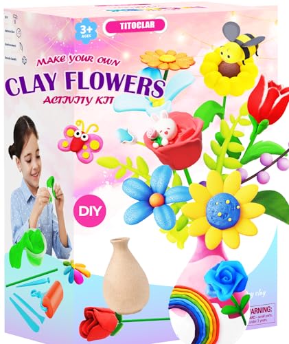 Titoclar Bastelset Kinder Basteln Mädchen 6 7 8 9 10 Jahre, Geschenk für Mädchen, Modelliermasse lufttrocknend, Knete-Blumenstrauß, Kinder Spielzeug ab 6 8 Jahre Jungen von Titoclar