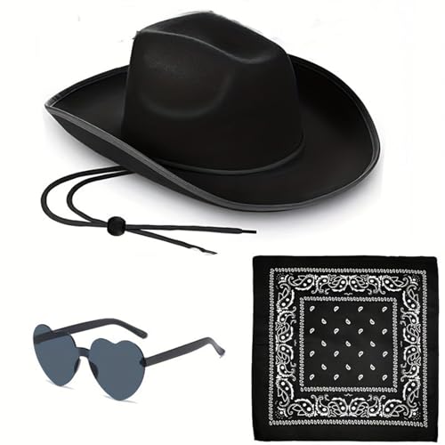 Tiuyii Damen Cowgirl Kostüm Set, Cowboyhut mit Herz Party Brille Bandana Cowboyhut für Wilder Westen Kostüm Karneval Cosplay Kostüm von Tiuyii