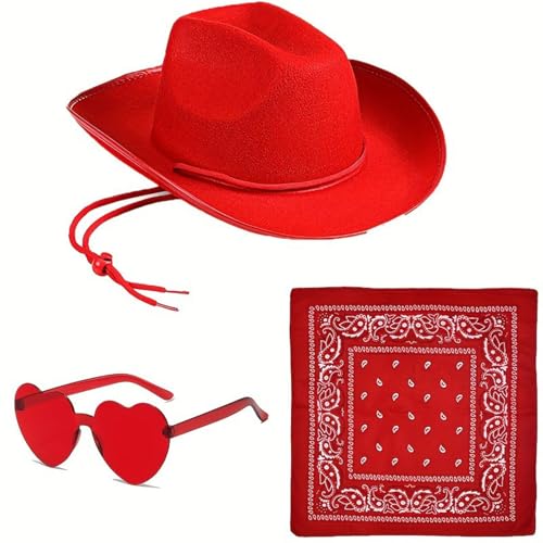 Tiuyii Damen Cowgirl Kostüm Set, Cowboyhut mit Herz Party Brille Bandana Cowboyhut für Wilder Westen Kostüm Karneval Cosplay Kostüm von Tiuyii
