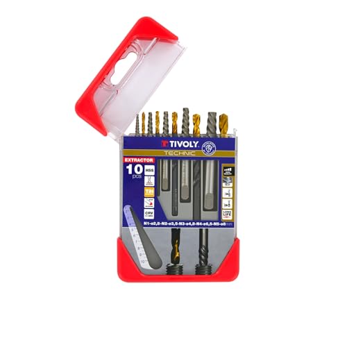 TIVOLY - Set aus Bohrern und Ausdrehern für abgebrochene Schrauben + HSS-Bohrer mit TiN-Beschichtung - Set mit 5 Bohrern und 5 Ausdrehern N1 Ø 2,5 mm/N2 Ø 3,2 mm/N3 Ø 4,8 mm/N4 Ø 6,5 mm/N5 Ø 8 mm TIVOLY - Set aus Bohrern und Ausdrehern für abgebrochene Schrauben + HSS-Bohrer mit TiN-Beschichtung - Set mit 5 Bohrern und 5 Ausdrehern N1 Ø 2,5 mm/N2 Ø 3,2 mm/N3 Ø 4,8 mm/N4 Ø 6,5 mm/N5 Ø 8 mm von Tivoly