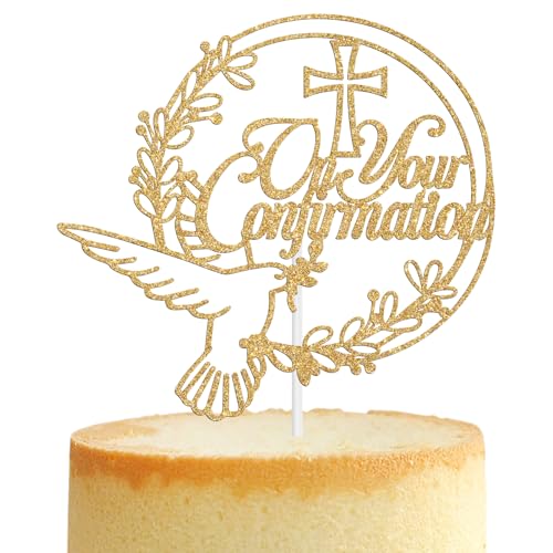 Tortenaufsatz "On Your Confirmation", Friedenstauben-Kreuz, religiöse Taufe, Hochzeit, Taufe, Babyparty, 1. Geburtstag, Party-Dekorationen für Jungen und Mädchen, goldfarbener Glitzer Tortenaufsatz "On Your Confirmation", Friedenstauben-Kreuz, religiöse Taufe, Hochzeit, Taufe, Babyparty, 1. Geburtstag, Party-Dekorationen für Jungen und Mädchen, goldfarbener Glitzer von Tivurcia