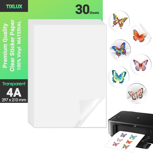 Tixlux 30 Blatt Vinyl-Aufkleberpapier für Tintenstrahldrucker, transparent, selbstklebend, trocknet schnell, lebendige Farben, A4-Größe 297x210mm Tixlux 30 Blatt Vinyl-Aufkleberpapier für Tintenstrahldrucker, transparent, selbstklebend, trocknet schnell, lebendige Farben, A4-Größe 297x210mm von Tixlux