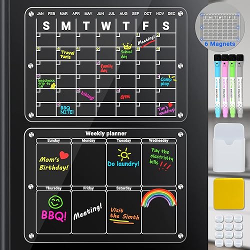 Tixlux Acryl Kalender für Kühlschrank, 2 Stücke 40x30CM Magnetischer Monatsplaner & Wochenplaner, mit 4 Farbigen Markern, 12 Silikonhüllen, Magnetischem Stifthalter und Schwamm-Radiergummi von Tixlux