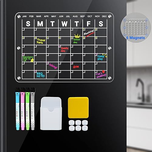 Tixlux Acryl Kalender für Kühlschrank, 40x30CM Magnetischer Monatsplaner Abwischbar, mit 4 Farbigen Markern, 6 Silikonhüllen, Magnetischem Stifthalter und Schwamm-Radiergummi von Tixlux