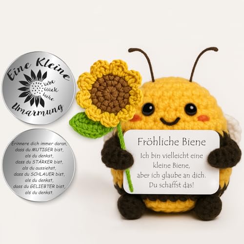 Tixlux Pocket Hug Fröhliche Biene mit Sonnenblumenstrauß, Kreative Strickwolle Biene Puppe und Kleine Umarmung Glücksbringer, MutmacherGeschenk, Gute Besserung Geschenk, Einschulung Geschenk von Tixlux