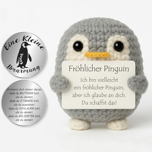 Tixlux Pocket Hug Fröhlicher Pinguin, Kreative Strickwolle Pinguin Puppe und Kleine Umarmung Glücksbringer, Mutmacher Geschenk, Gute Besserung Geschenk, Einschulung Geschenk (Grau) von Tixlux