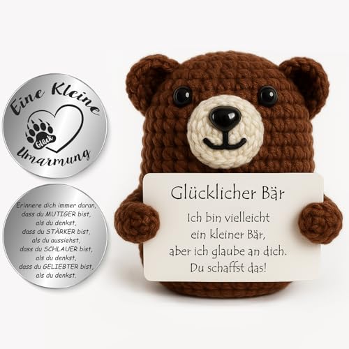 Tixlux Pocket Hug Glücklicher Bär, Kreative Strickwolle Bär Puppe und Kleine Umarmung Glücksbringer (Grau), MutmacherGeschenk, Gute Besserung Geschenk, Einschulung Geschenk von Tixlux