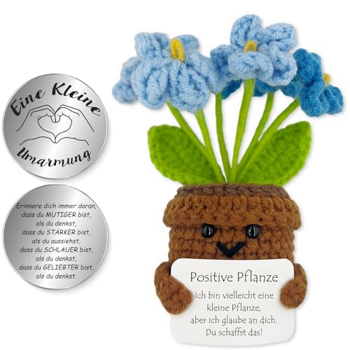 Tixlux Pocket Hug Positive Pflanze, Kreative Strickwolle Pflanze Puppe und Kleine Umarmung Glücksbringer, Mutmacher Geschenk, Schulabschluss Geschenk, Abschiedsgeschenk (Vergissmeinnicht Blau) von Tixlux
