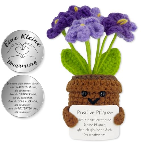 Tixlux Pocket Hug Positive Pflanze, Kreative Strickwolle Pflanze Puppe und Kleine Umarmung Glücksbringer, Mutmacher Geschenk, Schulabschluss Geschenk, Abschiedsgeschenk (Vergissmeinnicht Lila) von Tixlux