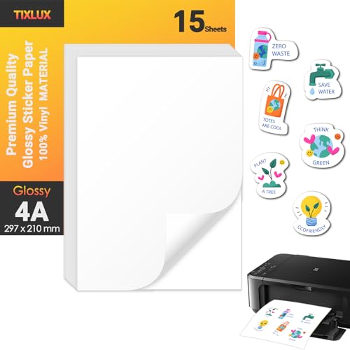 Tixlux 15 Blatt Vinyl-Aufkleberpapier für Tintenstrahldrucker, glänzend weiß, selbstklebend, trocknet schnell, lebendige Farben, wasserfestes Aufkleberpapier, A4-Größe 297x210mm von Tixlux