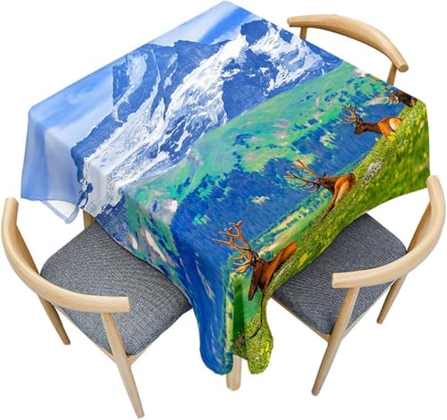 Tischdecke Outdoor Hirsch Tischdecken Abwaschbar 3D Schneebedeckter Berg Tischdecke Wetterfest Wasserdicht für Party Biertisch, 140x200 cm Q.P2167 von Tizhweqo