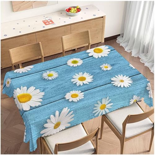 Tischdecke Outdoor Wilde Chrysantheme Tischdecken Abwaschbar 3D Blaue Holzbretter Tischdecke Wetterfest Wasserdicht für Party Biertisch, 100x100 cm Q/P3753 von Tizhweqo