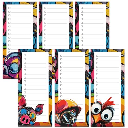 Tlenpo Magnetische Notizblöcke für den Kühlschrank, Set mit 6 modernen Notizblöcken, Einkaufsliste, mit realistischen Graffiti-Designs, 31 Blatt pro Block, 19,8 x 8,9 cm, 100 g/m², voller Magnet auf von Tlenpo